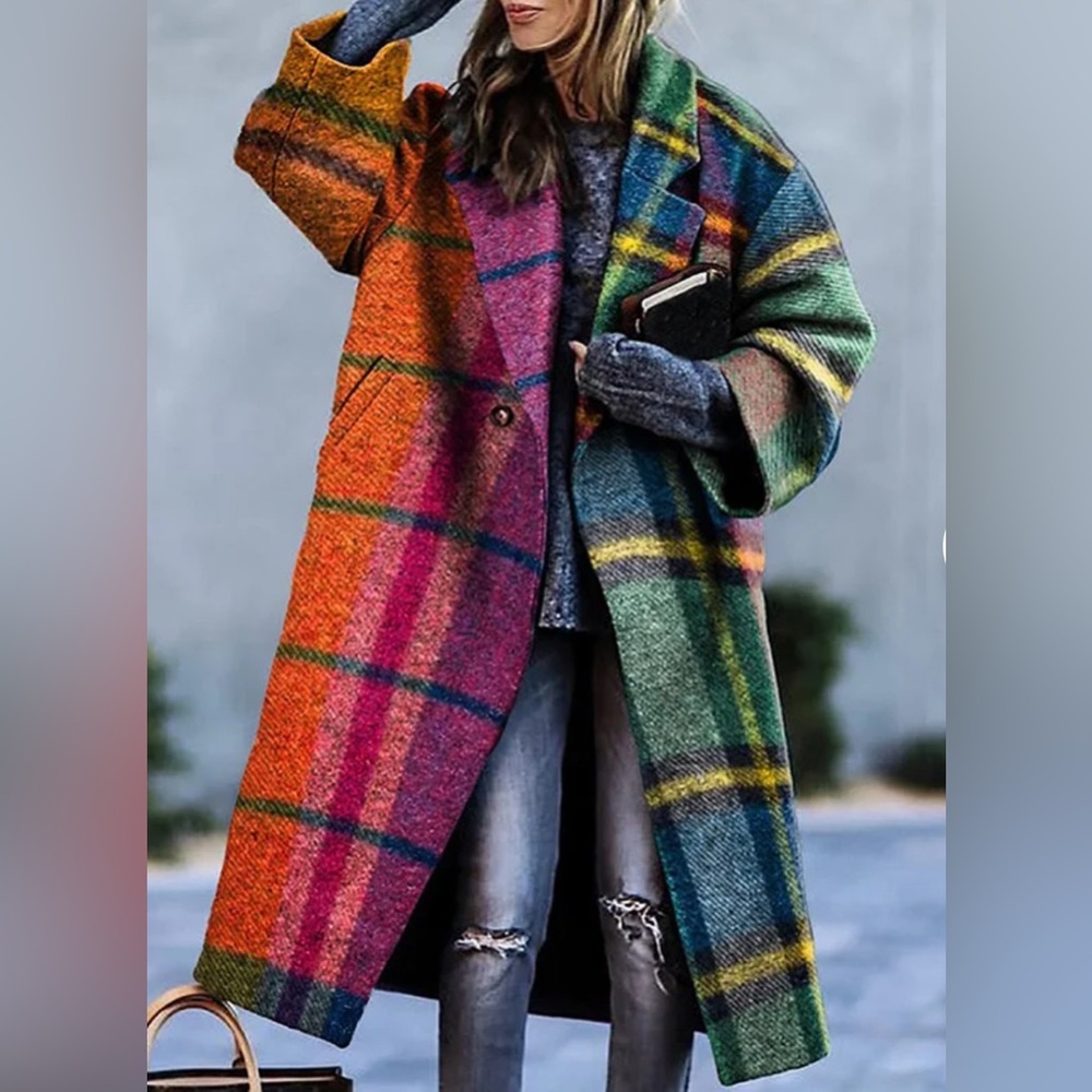Multicolor Plaid Long Wool-Blend Coat - Women